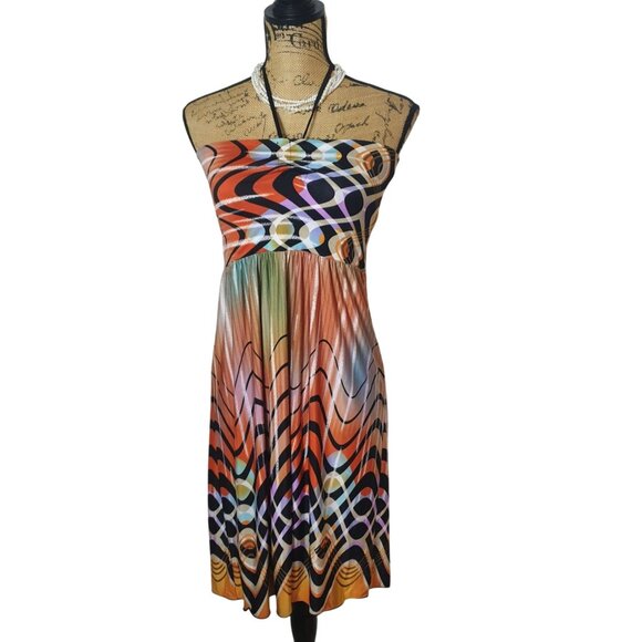 Womens Retro Halter Dress L Vibrant Empire Waist Stretchy Resort Beach Chic - Picture 1 of 6